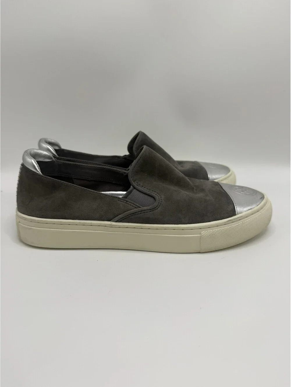 Tory Burch Slip On Sneakers Shoes Women's Size 6.5 M Silver Grey Suede